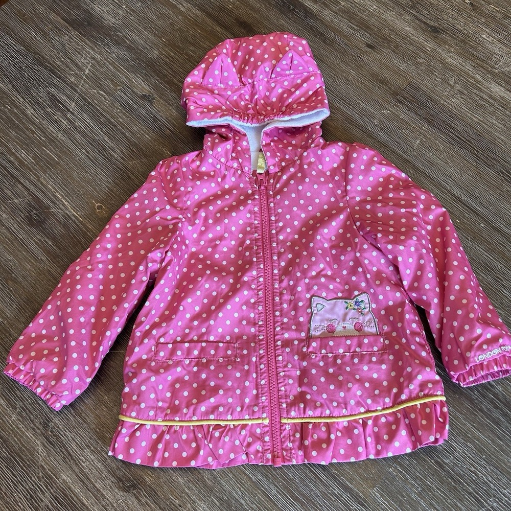 London Fog Girls Polka Dot Raincoat Jacket Hooded Size 18 Months Coat Cat Kitten